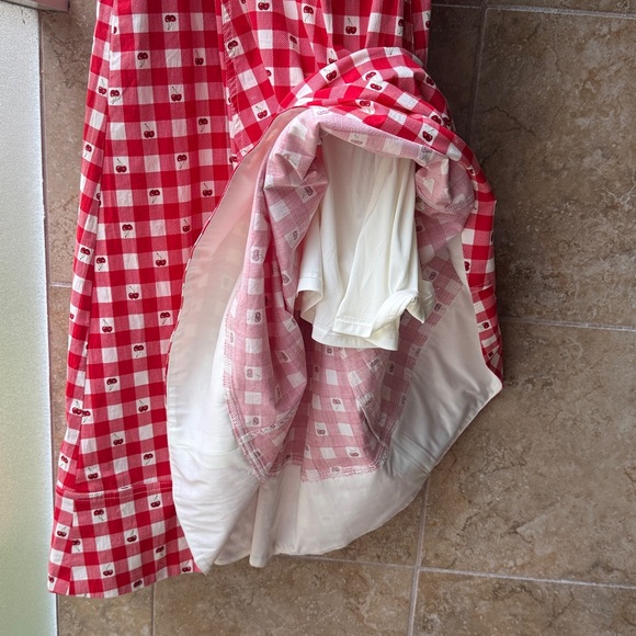 Avec Les Filles Red Gingham Cherry Pie Sweetheart Neck Fit & Flare Dress Pockets - Picture 14 of 16